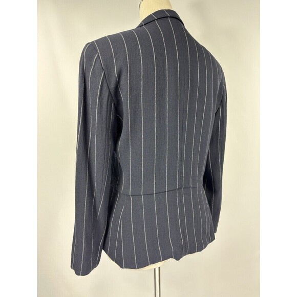 Armani Collezioni Blazer Navy Blue Pinstripe Chalk Stripe 8 Asymmetrical Pocket - Picture 2 of 12